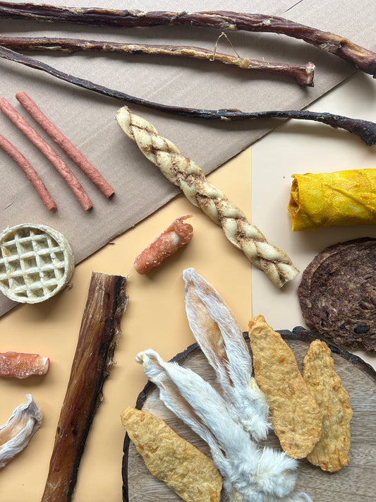 An assortment of natural dog treats and chews arranged on a beige and tan background, including dried fish, a braided treat, freeze-dried rabbit ears, dried chicken, and other natural snacks.